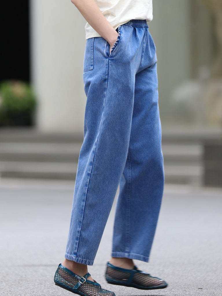 Washed Indigo Relaxed Straight Leg Elastic Waist Denim Trousers