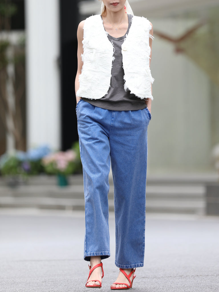 Washed Indigo Relaxed Straight Leg Elastic Waist Denim Trousers