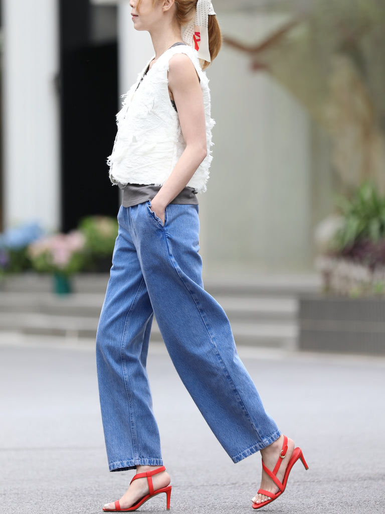 Washed Indigo Relaxed Straight Leg Elastic Waist Denim Trousers