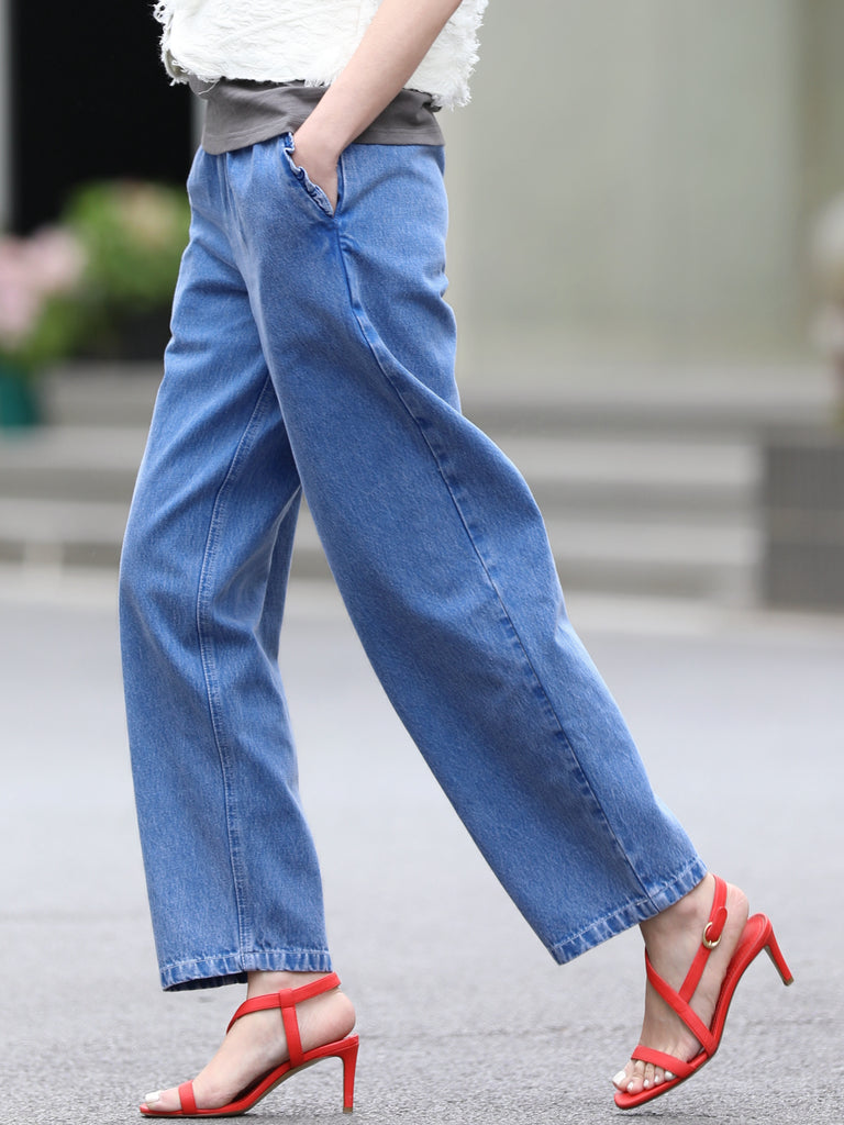 Washed Indigo Relaxed Straight Leg Elastic Waist Denim Trousers
