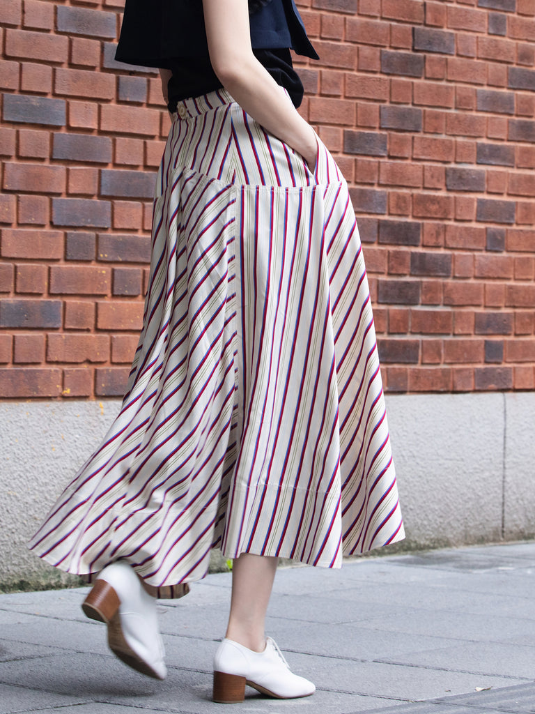 Striped Seam Detail Paneled A-Line Maxi High/ Low Skirt