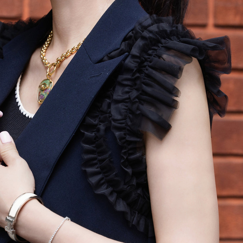Dark Blue Ruffled Tulle Shoulder Two-Way Sleeveless Blazer