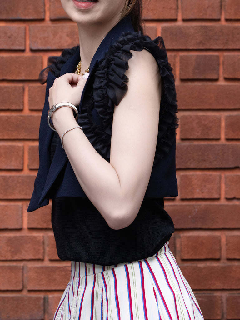 Dark Blue Ruffled Tulle Shoulder Two-Way Sleeveless Blazer