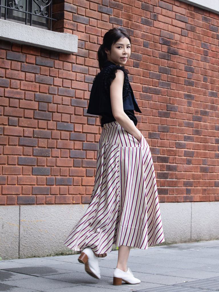 Striped Seam Detail Paneled A-Line Maxi High/ Low Skirt