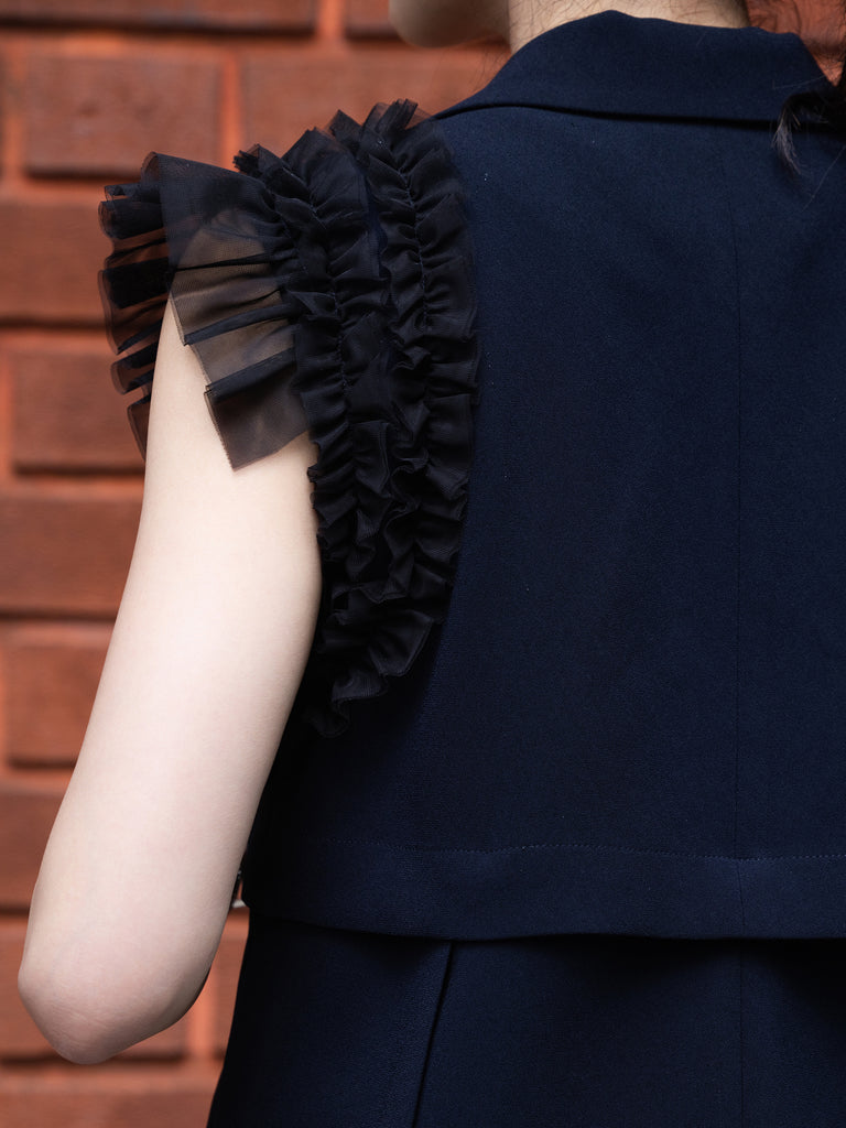 Dark Blue Ruffled Tulle Shoulder Two-Way Sleeveless Blazer