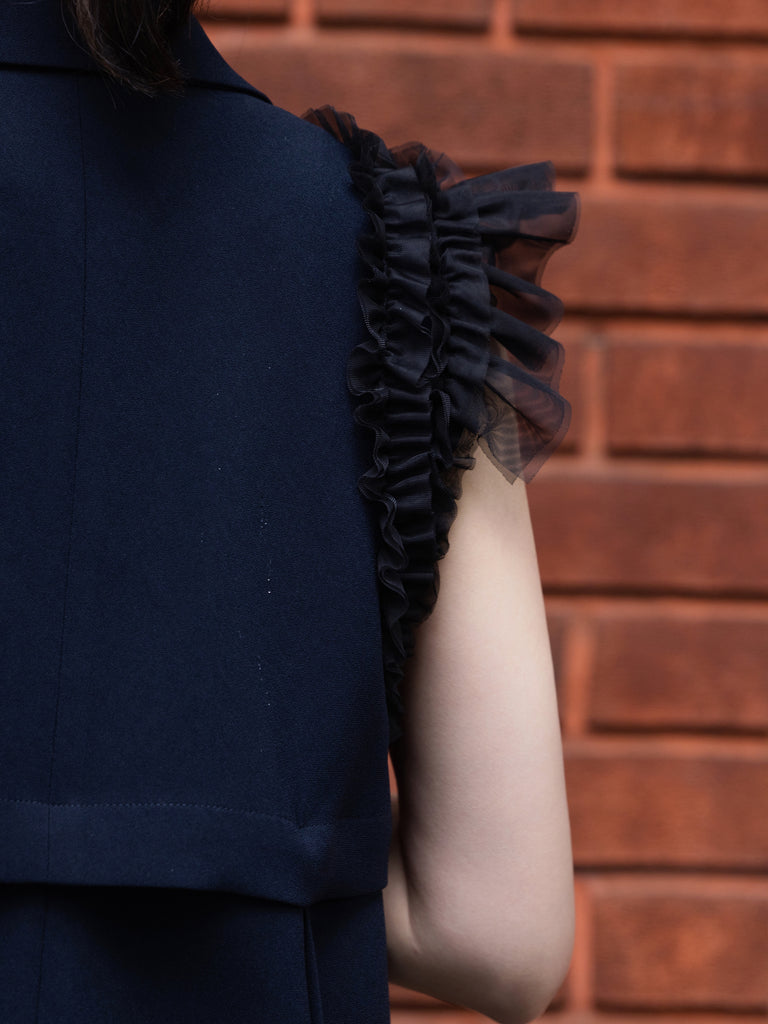 Dark Blue Ruffled Tulle Shoulder Two-Way Sleeveless Blazer