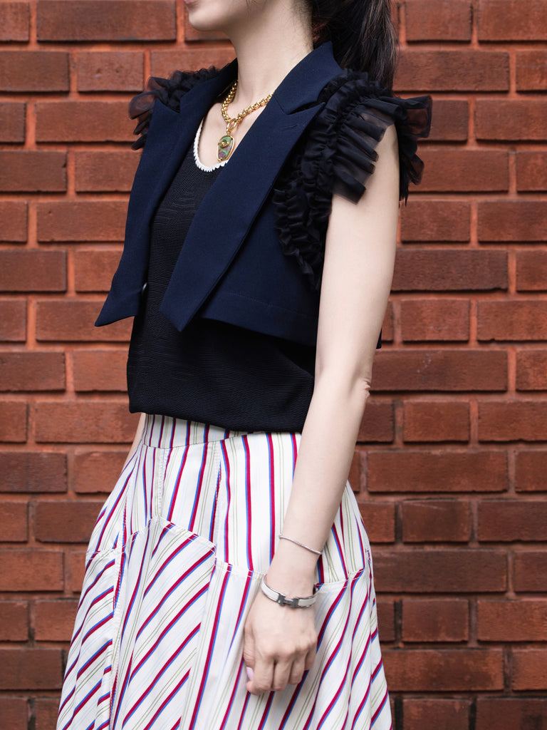 Dark Blue Ruffled Tulle Shoulder Two-Way Sleeveless Blazer