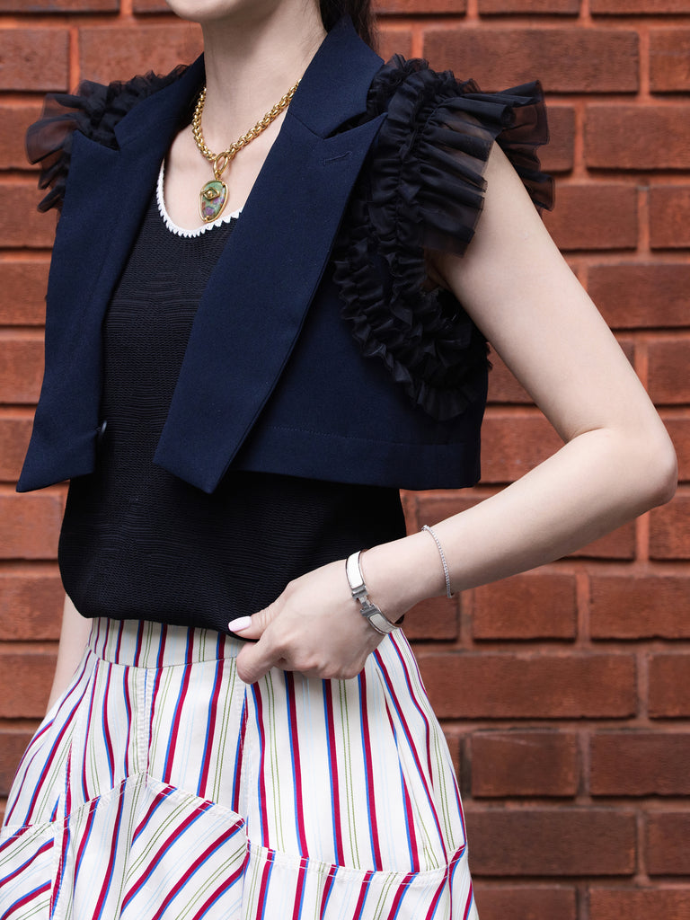 Dark Blue Ruffled Tulle Shoulder Two-Way Sleeveless Blazer