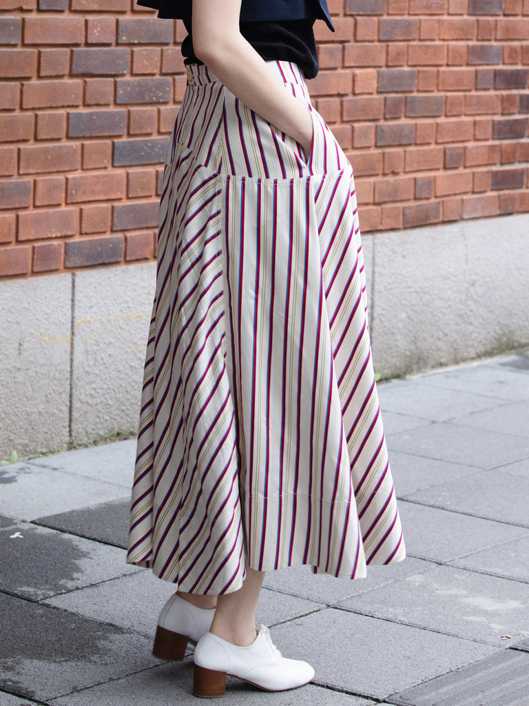Striped Seam Detail Paneled A-Line Maxi High/ Low Skirt