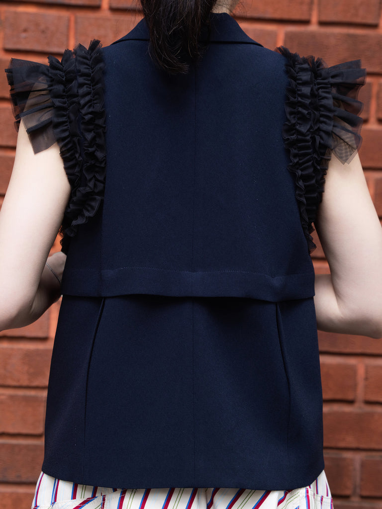 Dark Blue Ruffled Tulle Shoulder Two-Way Sleeveless Blazer