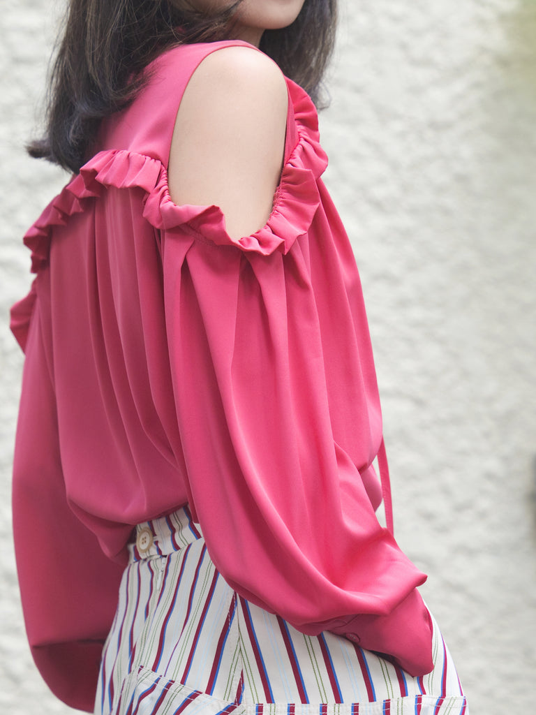 Rosy Red Ruffled Cold-Shoulder Tie-Neck Silky Blouse