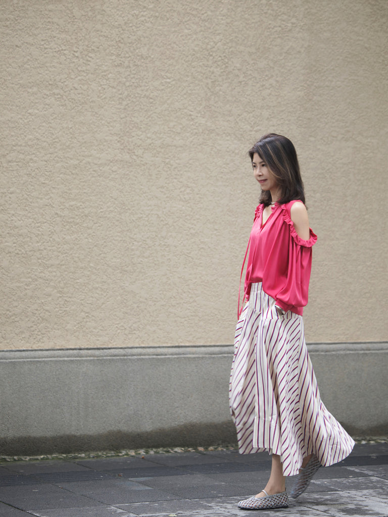 Rosy Red Ruffled Cold-Shoulder Tie-Neck Silky Blouse