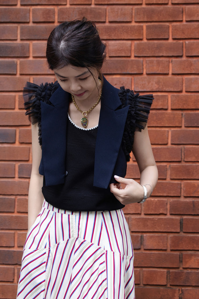 Dark Blue Ruffled Tulle Shoulder Two-Way Sleeveless Blazer