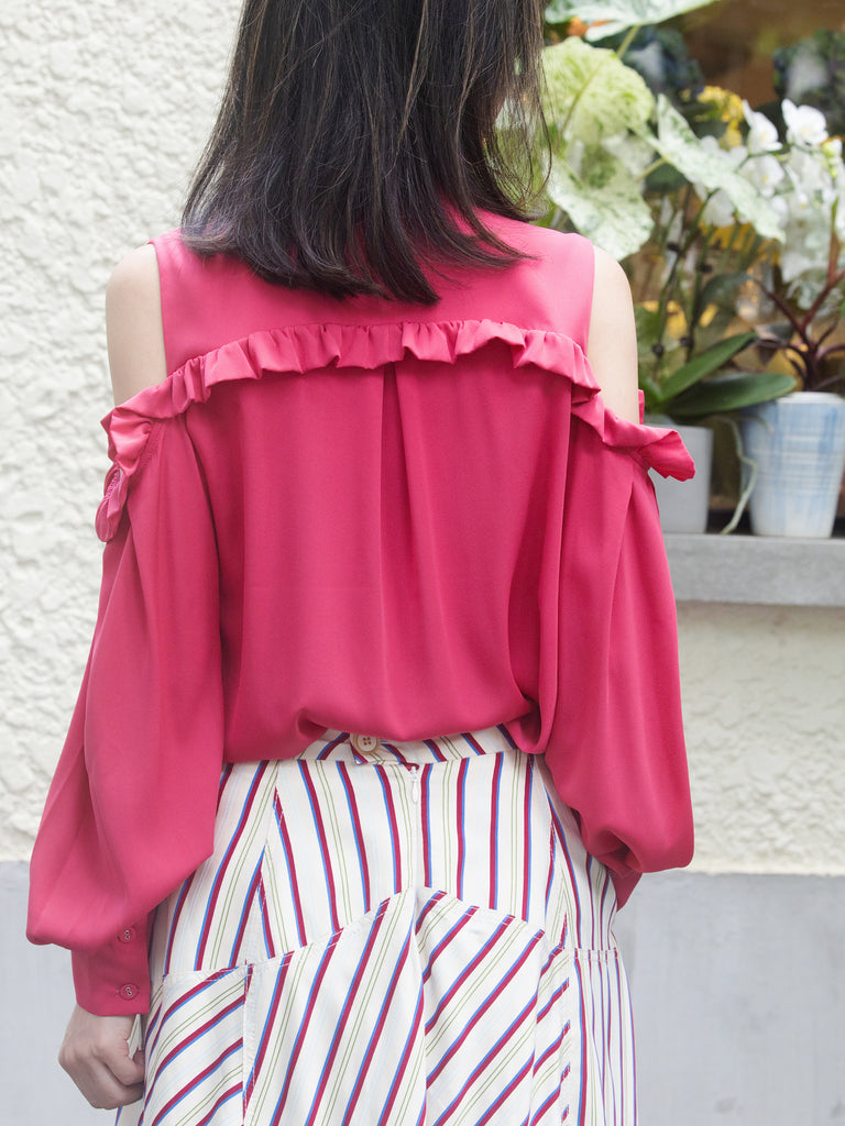 Rosy Red Ruffled Cold-Shoulder Tie-Neck Silky Blouse