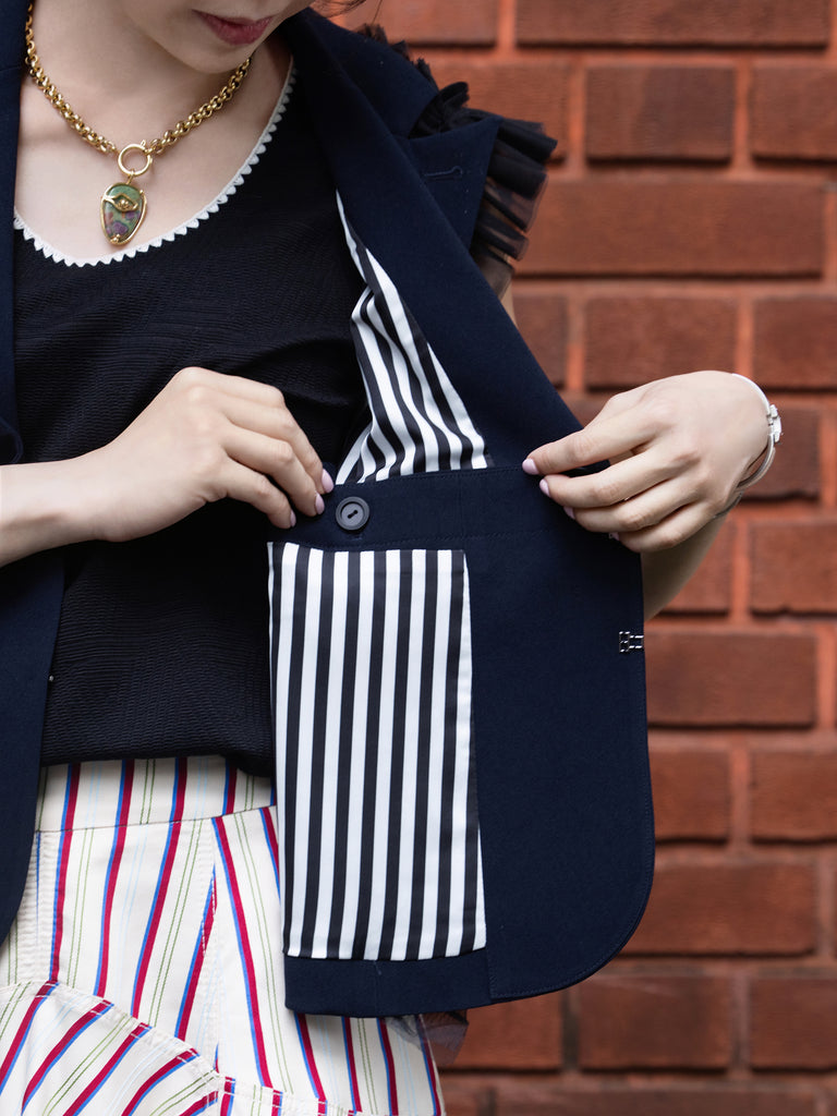 Dark Blue Ruffled Tulle Shoulder Two-Way Sleeveless Blazer