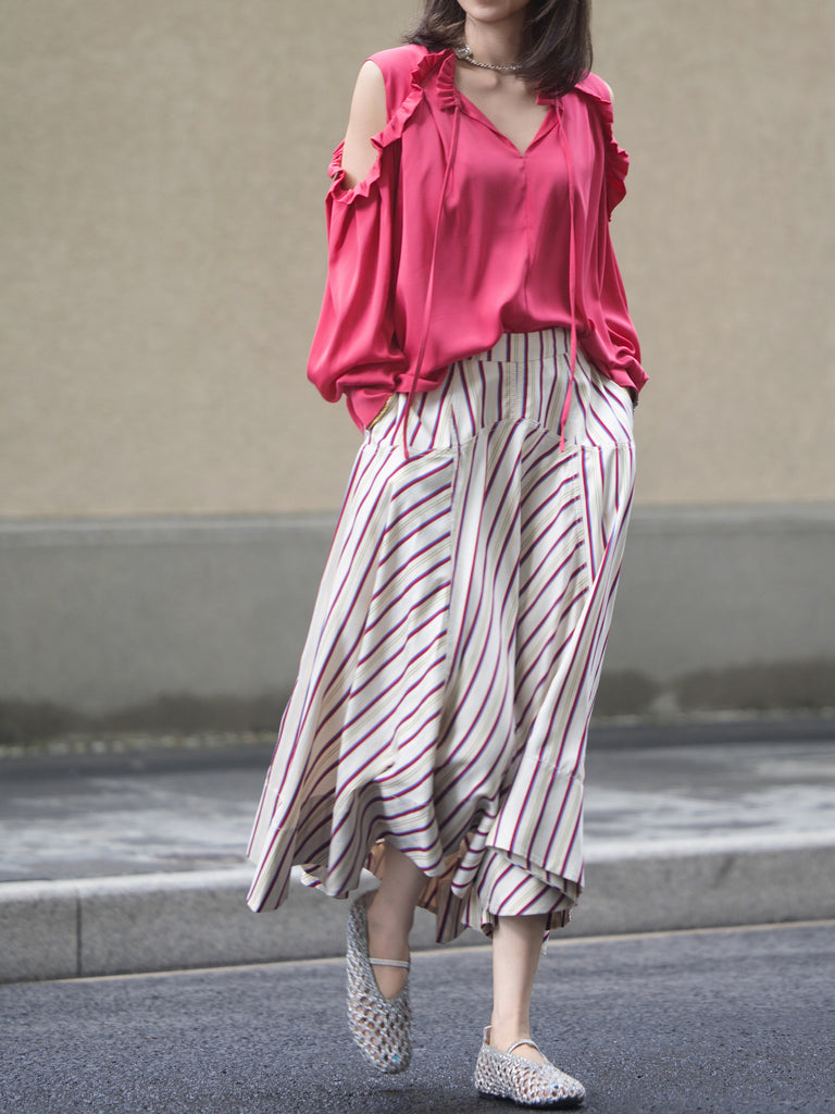Striped Seam Detail Paneled A-Line Maxi High/ Low Skirt