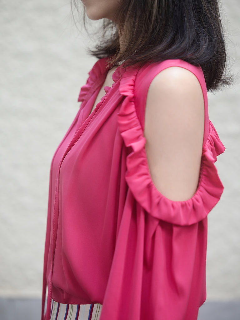 Rosy Red Ruffled Cold-Shoulder Tie-Neck Silky Blouse