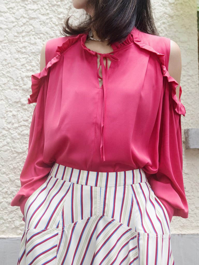 Rosy Red Ruffled Cold-Shoulder Tie-Neck Silky Blouse