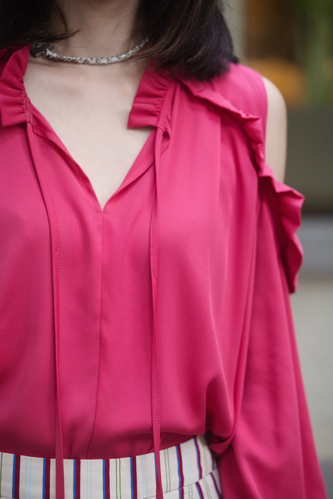 Rosy Red Ruffled Cold-Shoulder Tie-Neck Silky Blouse