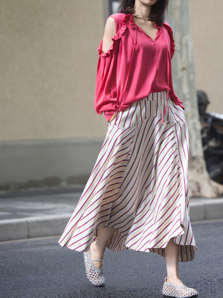 Striped Seam Detail Paneled A-Line Maxi High/ Low Skirt