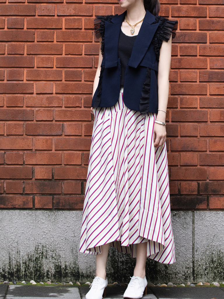 Striped Seam Detail Paneled A-Line Maxi High/ Low Skirt