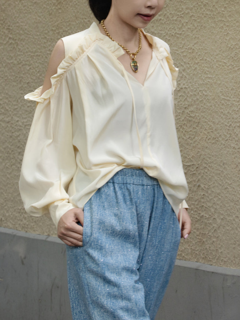 Creamy White Ruffled Cold-Shoulder Tie-Neck Silky Blouse