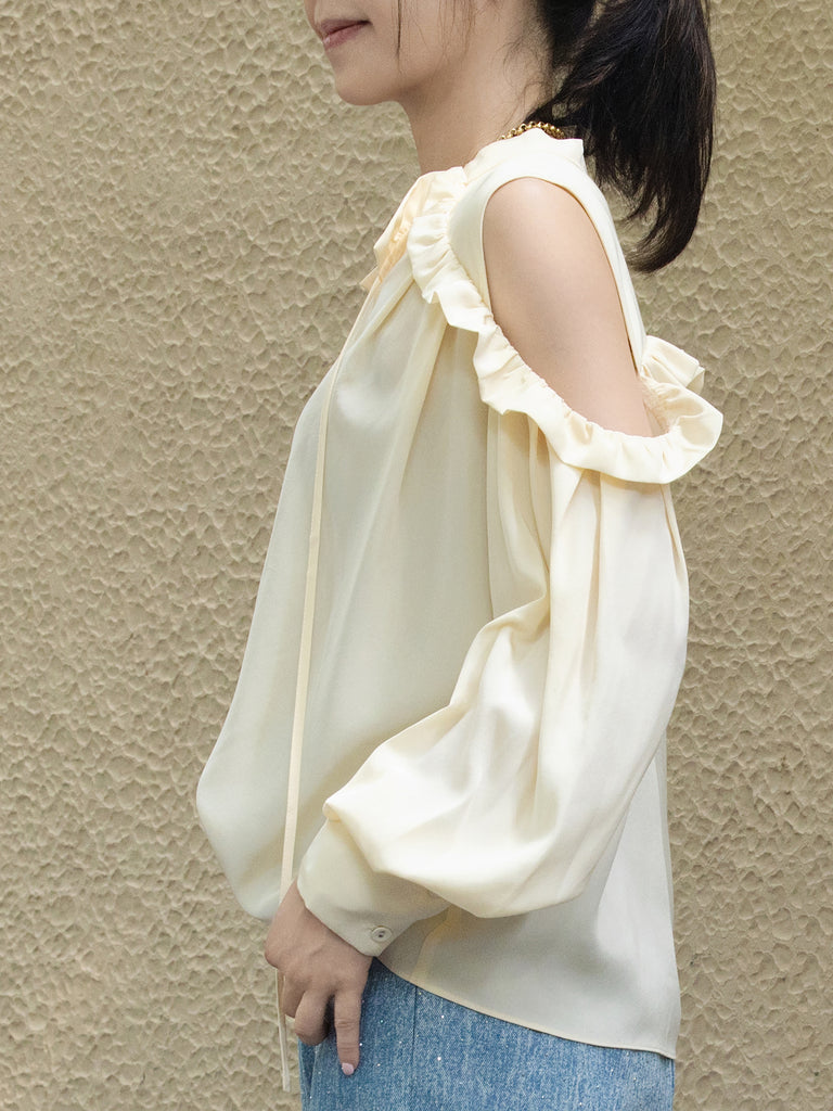 Creamy White Ruffled Cold-Shoulder Tie-Neck Silky Blouse