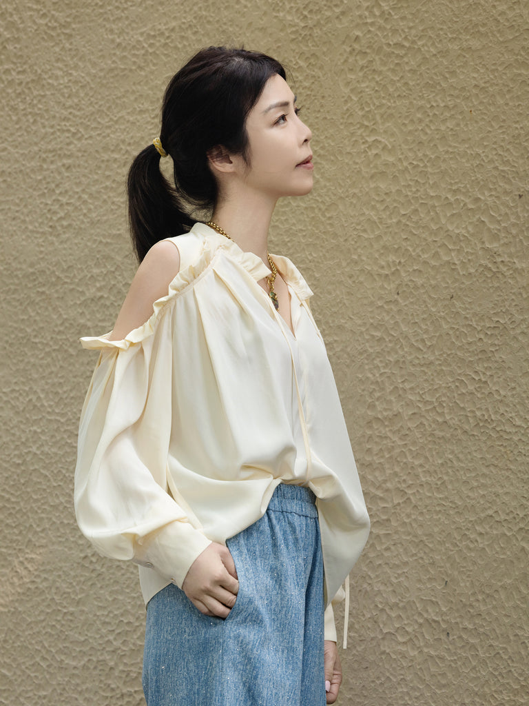 Creamy White Ruffled Cold-Shoulder Tie-Neck Silky Blouse