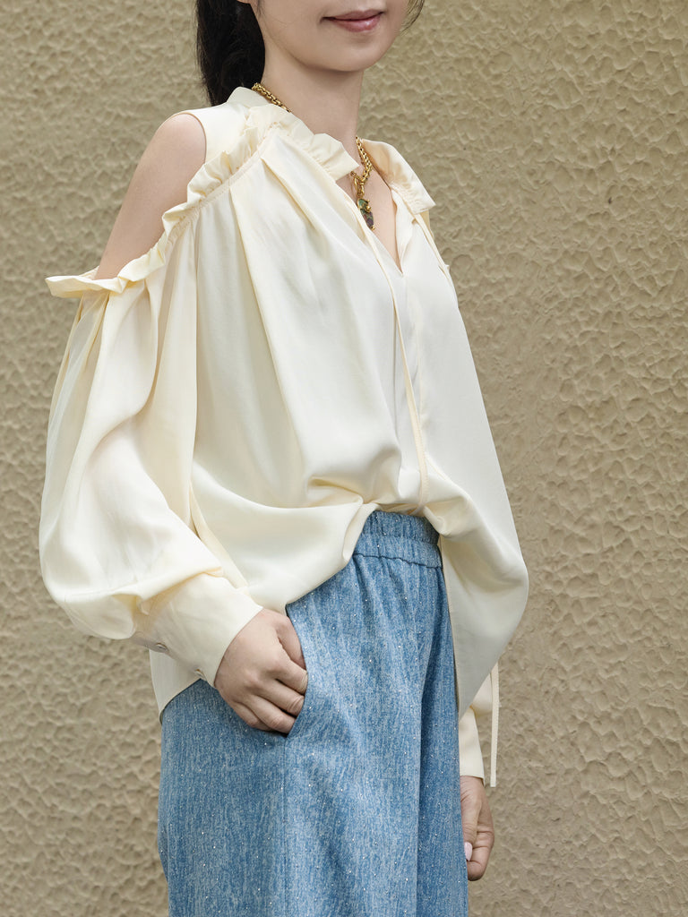 Creamy White Ruffled Cold-Shoulder Tie-Neck Silky Blouse