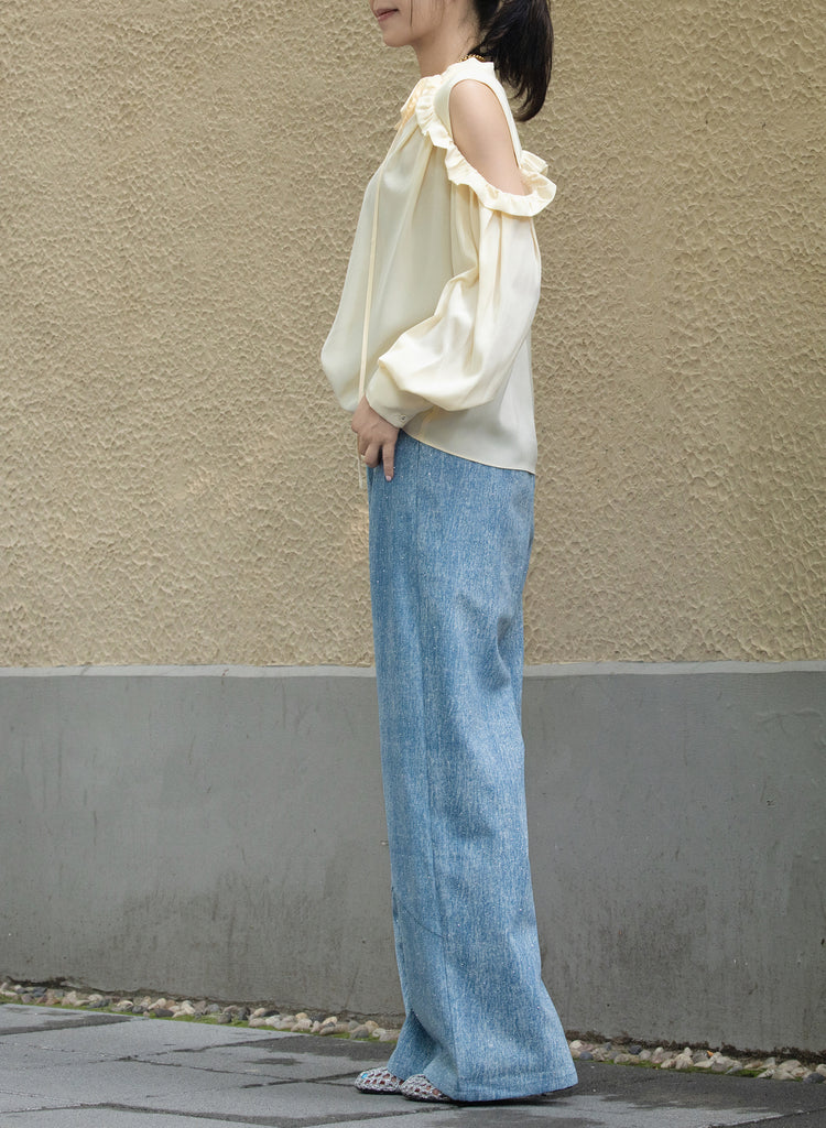 Creamy White Ruffled Cold-Shoulder Tie-Neck Silky Blouse