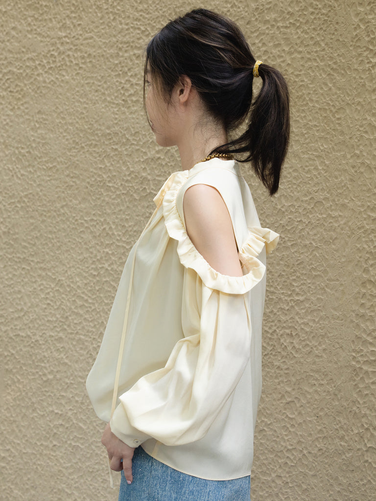 Creamy White Ruffled Cold-Shoulder Tie-Neck Silky Blouse