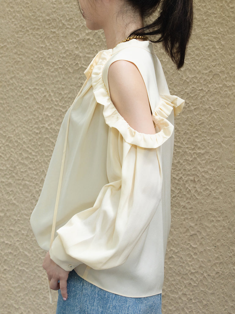 Creamy White Ruffled Cold-Shoulder Tie-Neck Silky Blouse