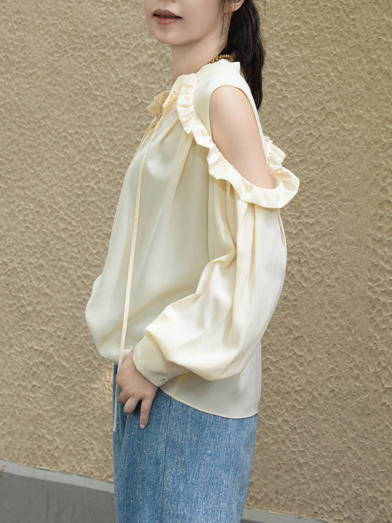 Creamy White Ruffled Cold-Shoulder Tie-Neck Silky Blouse