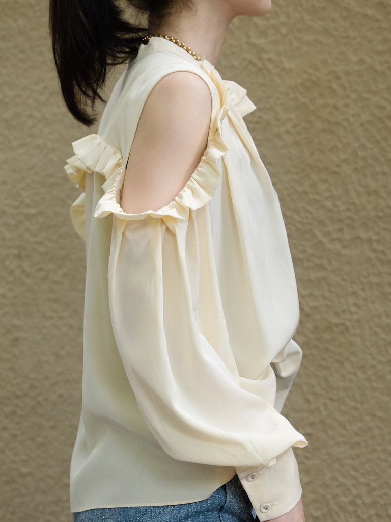 Creamy White Ruffled Cold-Shoulder Tie-Neck Silky Blouse