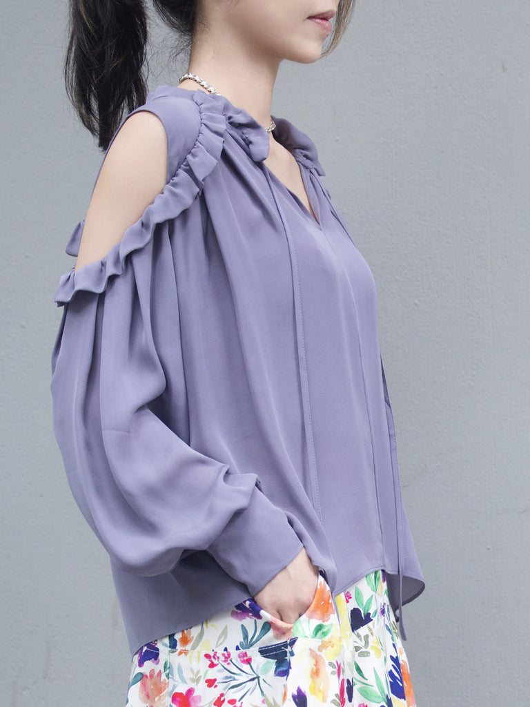 Lilac Purple Ruffled Cold-Shoulder Tie-Neck Silky Blouse