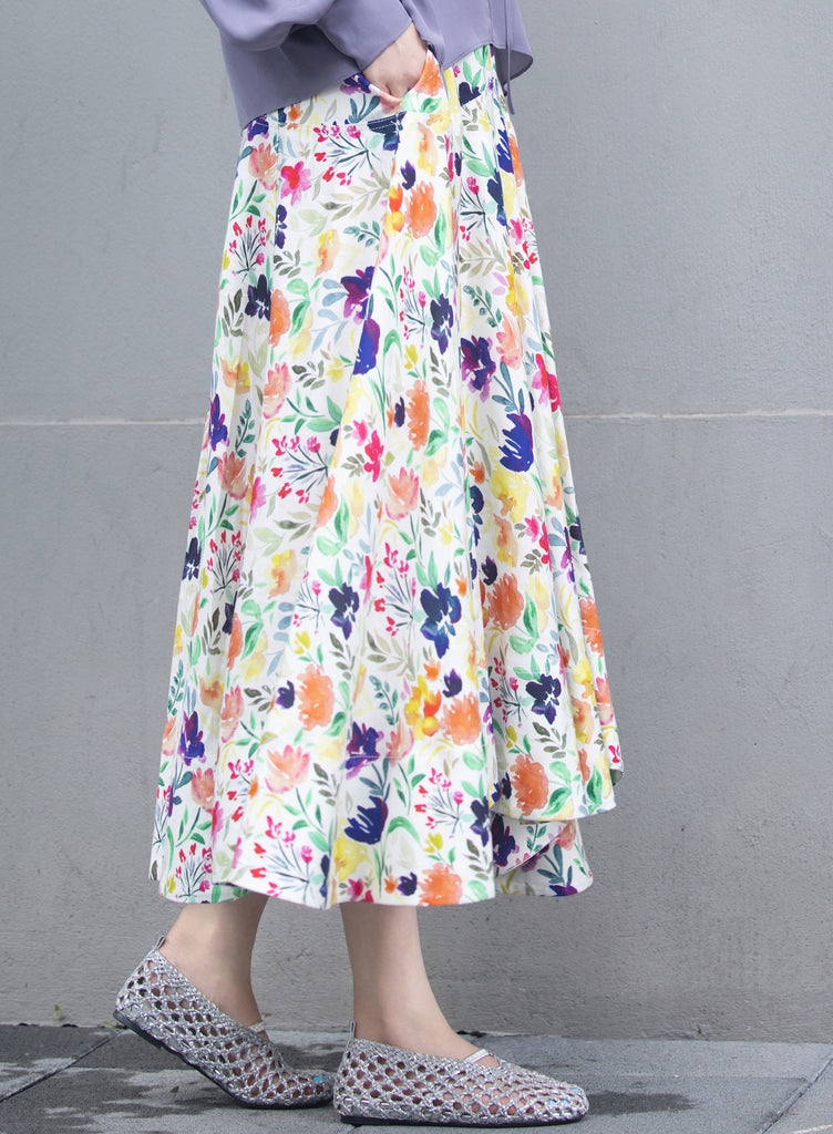 Floral Seam Detail Paneled A-Line Maxi High/ Low Skirt