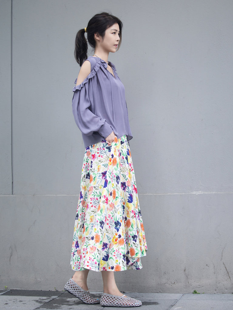 Floral Seam Detail Paneled A-Line Maxi High/ Low Skirt