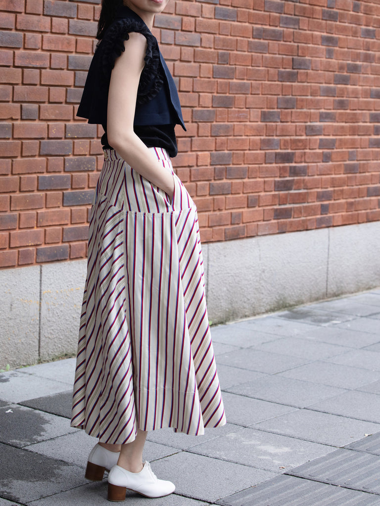 Striped Seam Detail Paneled A-Line Maxi High/ Low Skirt