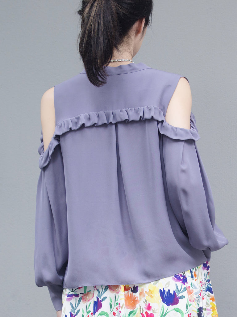Lilac Purple Ruffled Cold-Shoulder Tie-Neck Silky Blouse
