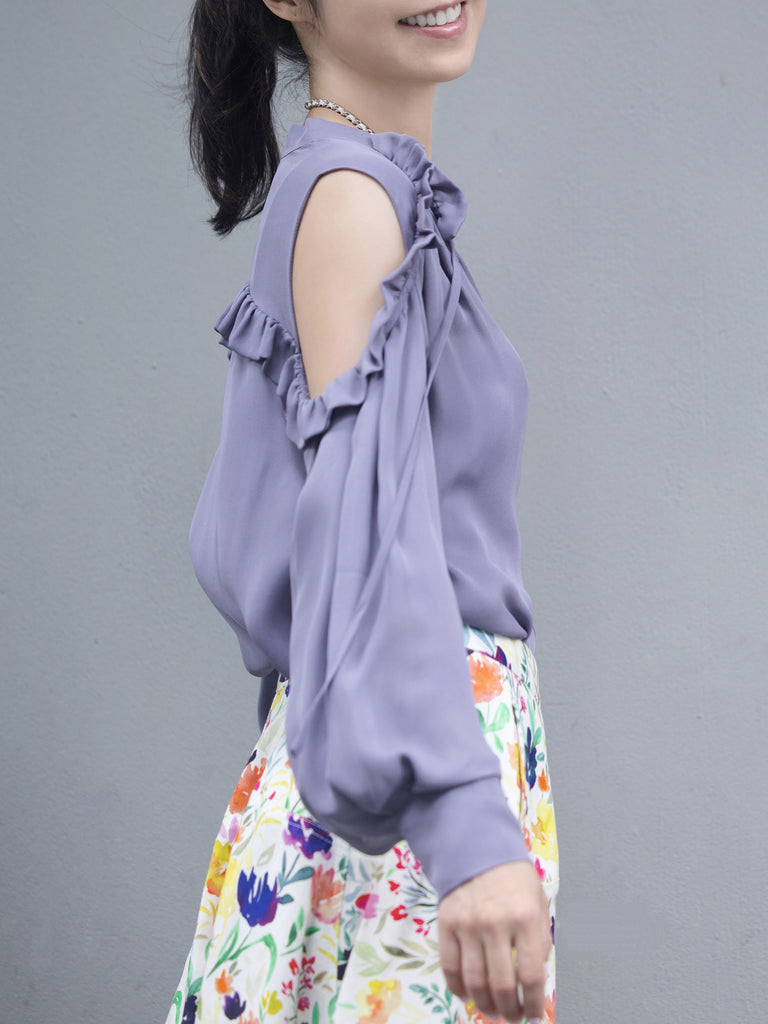 Lilac Purple Ruffled Cold-Shoulder Tie-Neck Silky Blouse