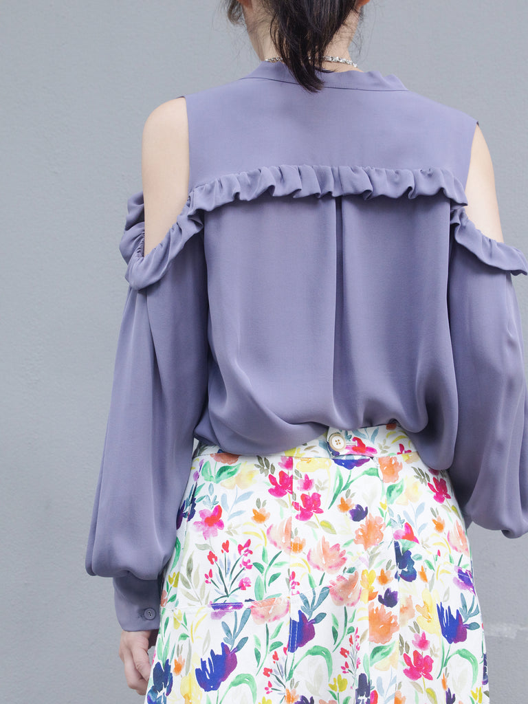 Lilac Purple Ruffled Cold-Shoulder Tie-Neck Silky Blouse