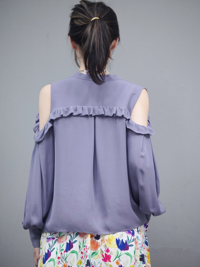 Lilac Purple Ruffled Cold-Shoulder Tie-Neck Silky Blouse