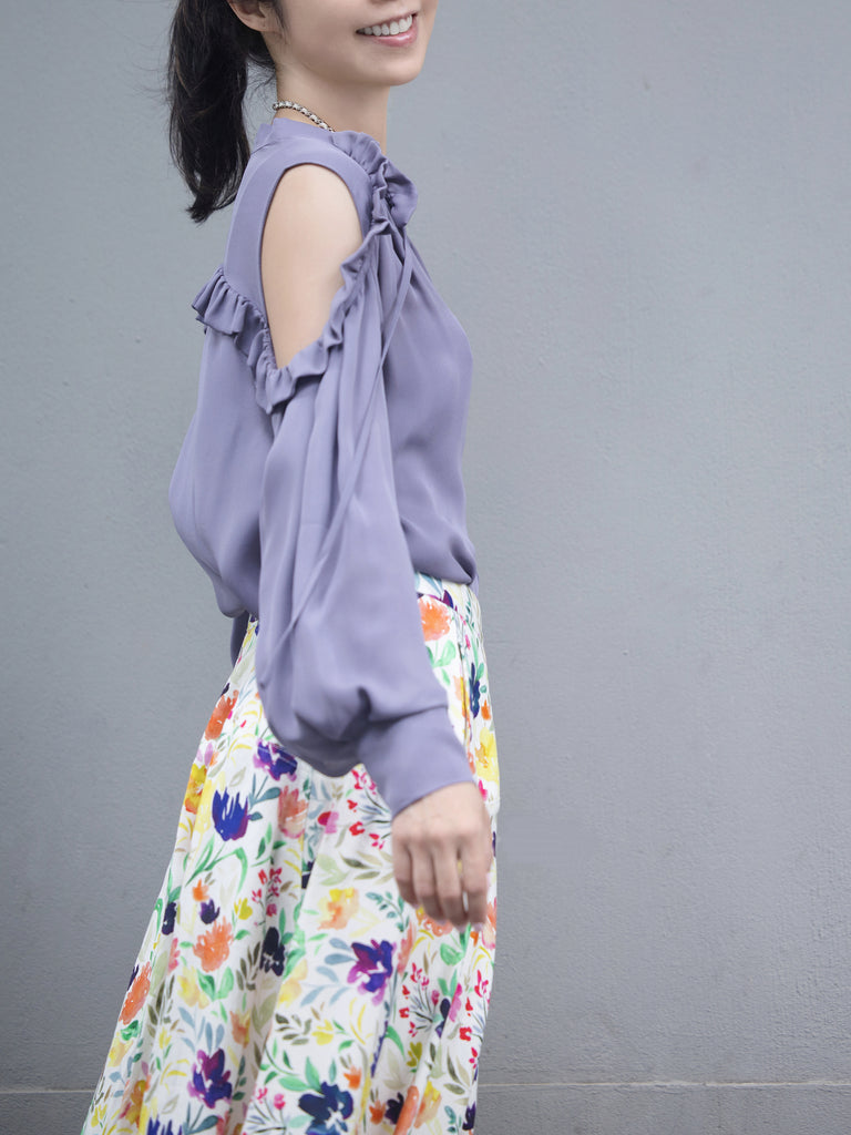 Lilac Purple Ruffled Cold-Shoulder Tie-Neck Silky Blouse