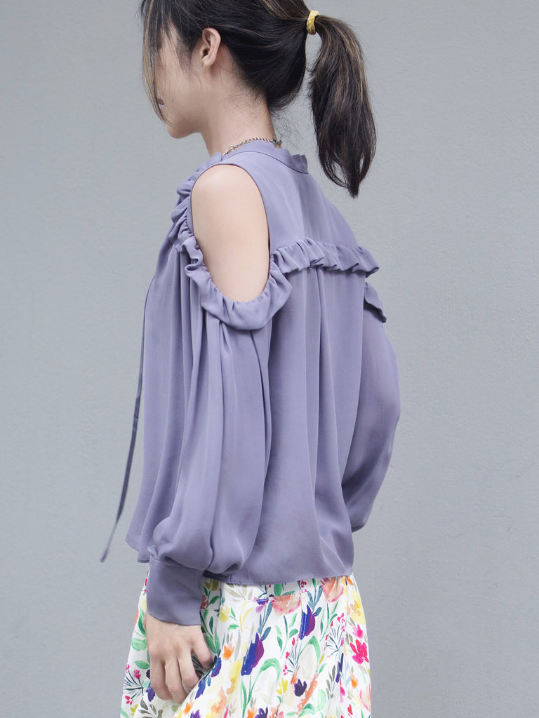 Lilac Purple Ruffled Cold-Shoulder Tie-Neck Silky Blouse