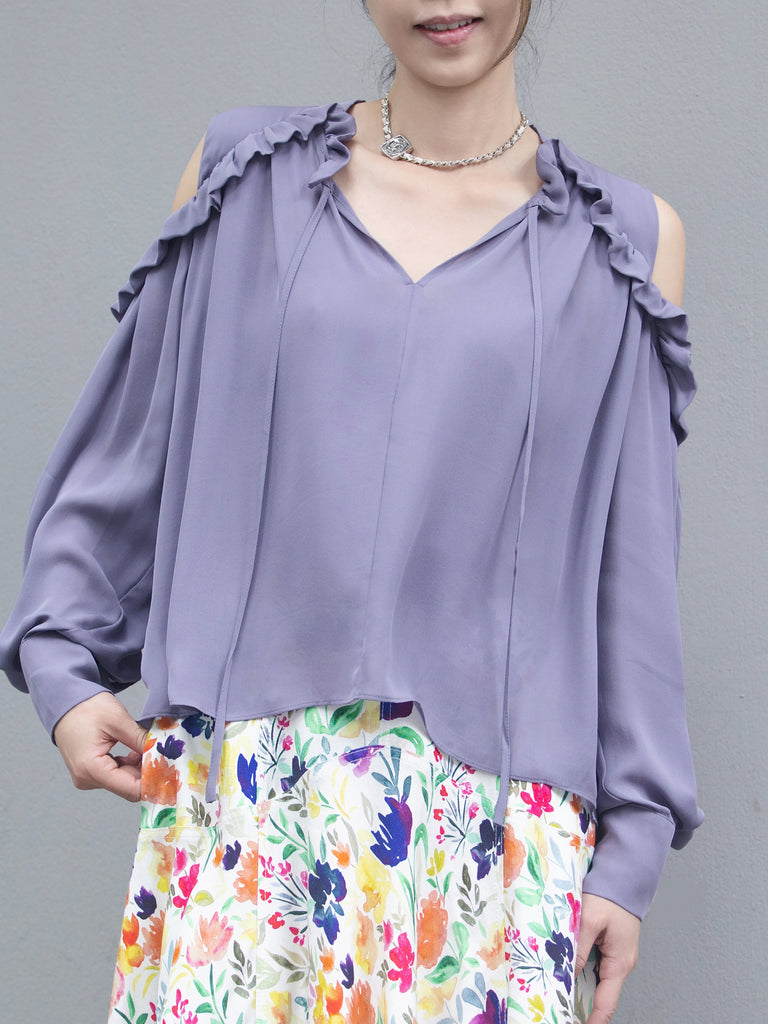 Lilac Purple Ruffled Cold-Shoulder Tie-Neck Silky Blouse