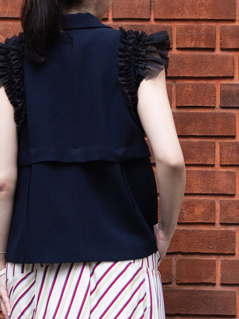 Dark Blue Ruffled Tulle Shoulder Two-Way Sleeveless Blazer