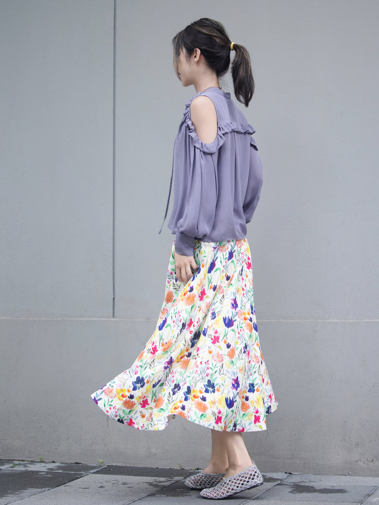 Floral Seam Detail Paneled A-Line Maxi High/ Low Skirt
