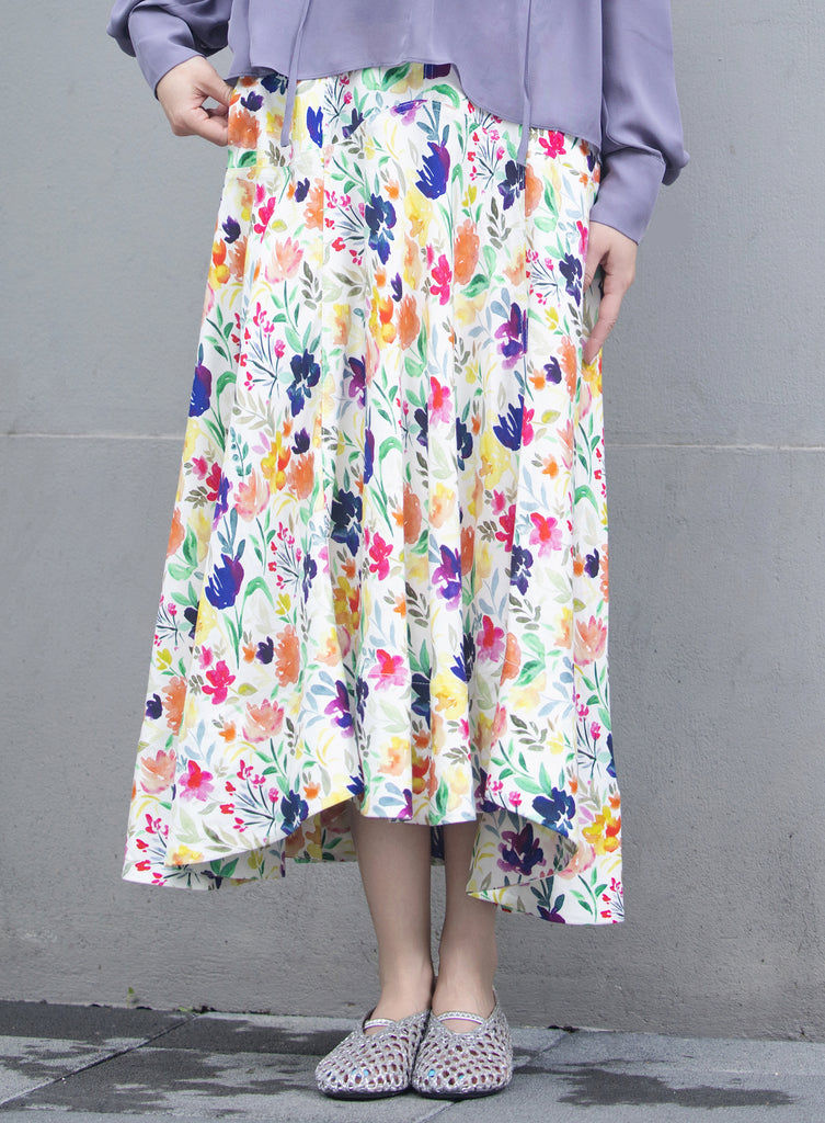 Floral Seam Detail Paneled A-Line Maxi High/ Low Skirt