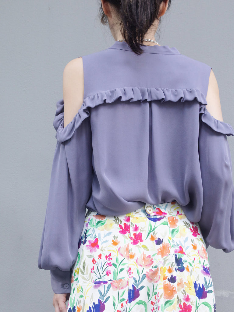 Lilac Purple Ruffled Cold-Shoulder Tie-Neck Silky Blouse