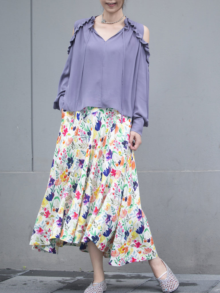 Lilac Purple Ruffled Cold-Shoulder Tie-Neck Silky Blouse